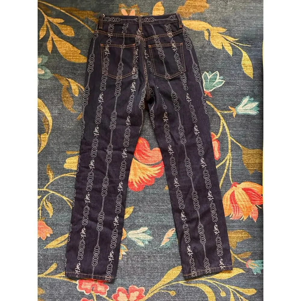 Tory Burch Gemini Link Bloom Jacquard Denim Pants Size 24